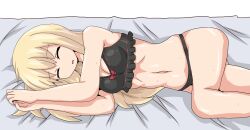  bed bismarck_(kancolle) black_bra black_panties blonde_hair bra breasts cleavage commentary_request feet_out_of_frame female frilled_bra frills highres kantai_collection long_hair lying medium_breasts navel on_side panties sleeping solo underwear underwear_only yuuki_shishin 