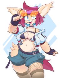  anthro belt big_ears bikini bikini_top black_bikini_top blue_eyes blue_nose bottomwear boxicfunk canid canine cleo_(dooper64) clothing collar cutoffs denim denim_bottomwear denim_clothing eyewear female fennec_fox fingerless_gloves fox gloves hair handwear hi_res jacket legwear mammal open_mouth orange_eyewear orange_sunglasses pink_hair pink_tail shorts simple_background smile solo stockings sunglasses swimwear tail topwear true_fox two-piece_swimsuit white_background white_clothing white_jacket white_topwear 