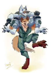  absurd_res anthro arctic_fox barazoku belt brother_(lore) brothers_(lore) canid canine canis claws clothed clothing duo duo_focus epic_games fanfiction fangs feet fennix_(fortnite) fortnite fox fur gloves group handwear happy hi_res hindpaw male mammal muscular muscular_anthro muscular_male open_mouth orange_body orange_fur paws pinumontbalou red_fox sibling_(lore) smile spikes story story_at_source story_in_description teeth toe_claws true_fox volpez_(fortnite) white_body white_fur 