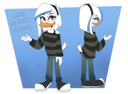  aged_up alternative_fashion anatid anseriform anthro avian avian_butt bird bottomwear bra bra_strap clothing denim denim_bottomwear denim_clothing disney duck ducktales ducktales_(2017) emo exposed_tail female footwear goth hi_res jeans lena_(ducktales) model_sheet mr._blue_(artist) pants pattern_clothing pattern_sweater pattern_topwear shoes sneakers solo striped_clothing striped_sweater striped_topwear stripes sweater topwear underwear young_adult 