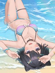  absurdres armpits bandaid bandaid_on_thigh beach bikini black_choker black_hair blue_bikini blue_wristband bow bow_bikini breasts character_request choker cleavage collarbone commentary_request commission cone_hair_bun fangs female frilled_bikini frills gradient_bikini hair_bun hair_intakes hair_ornament hairclip hanazawa_ma highres indie_virtual_youtuber large_breasts looking_at_viewer lying navel o-ring ocean on_back open_mouth partially_submerged pendant_choker purple_eyes sand short_hair skeb_commission skindentation smile solo star_(symbol) star_hair_ornament stomach swimsuit thigh_strap virtual_youtuber water yellow_wristband 