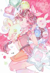  absurdres artist_request balloon belt brown_hair candy closed_mouth curled_fingers doupo_cangqiong dress female food frilled_cuffs from_side hairband highres holding holding_candy holding_food holding_lollipop jumping lollipop long_hair pink_dress pink_eyes second-party_source short_sleeves smile solo xiao_wu_(douluo_dalu) 