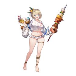  ass_visible_through_thighs bag barefoot bikini blonde_hair blue_eyes blush breasts brown_dust_2 cocktail_umbrella coconut_cup cropped_shirt drinking_straw female food frilled_bikini frills full_body groin hair_between_eyes hair_ornament highres holding holding_bag holding_food holding_skewer hot_dog justia_(brown_dust) justia_(pool_party)_(brown_dust) large_breasts lipstick_mark looking_at_viewer navel oerba_yun_fang official_art open_mouth oversized_food oversized_object plastic_bag second-party_source shirt shirt_overhang short_hair simple_background skewer skindentation small_horns smile solo standing standing_on_one_leg swimsuit thigh_strap toes white_bikini white_shirt 