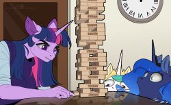  absurd_res anthro clock clothing crown equid equine evehly female friendship_is_magic furniture hasbro headgear hi_res horn jenga mammal meme my_little_pony mythological_creature mythological_equine mythology princess_celestia_(mlp) princess_luna_(mlp) table tiara twilight_sparkle_(mlp) unicorn wall_clock 