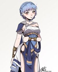  armlet blue_hair braid breasts cleavage commentary cowboy_shot crown_braid dancer_(fire_emblem:_three_houses) dress female fire_emblem fire_emblem:_three_houses grey_background grey_eyes highres looking_at_viewer marianne_von_edmund medium_breasts short_hair simple_background single-shoulder_dress smile smkittykat solo standing white_dress 