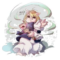  3_toes 4_fingers abstract_background accessory anthro barefoot blonde_hair blue_clothing blue_jacket blue_topwear border brown_eyes button_ears casting_spell clothed clothing dated domestic_pig dress ema_(tsuki_ga_michibiku_isekai_douchuu) feet female fingers floppy_ears full-length_portrait fully_clothed hair hair_accessory hair_between_eyes hair_ribbon holding_object holding_staff jacket kotoraex long_dress long_hair long_sleeves magic_user mammal open_mouth pink_body pink_skin portrait ribbons signature snout solo staff standing suid suina sus_(pig) toes topwear tsuki_ga_michibiku_isekai_douchuu white_border white_clothing white_dress 