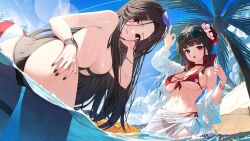  2girls absurdres ass bare_shoulders beach bikini black_bikini black_hair black_nails blue_sky blurry bokeh breasts coconut_tree commentary day depth_of_field eyewear_on_head fingernails flower goddess_of_victory:_nikke hair_flower hair_ornament highres huhi_(huhi_1211) large_breasts long_hair maiden_(nikke) maiden_(under_the_sun)_(nikke) multiple_girls multiple_views nail_polish off_shoulder official_alternate_costume open_clothes open_shirt outdoors palm_leaf palm_tree partially_submerged red_bikini red_eyes sakura_(bloom_in_summer)_(nikke) sakura_(nikke) sarong shirt sideboob sky swimsuit tree white_sarong white_shirt 