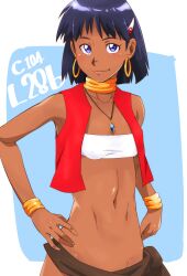  abs armpits bandeau bare_shoulders belt blue_background blunt_ends bob_cut border breasts brown_belt brown_sash closed_mouth comiket_104 commentary cropped cropped_vest dark-skinned_female dark_skin earrings female fushigi_no_umi_no_nadia gold_bracelet gold_earrings groin hair_ornament hairclip hands_on_own_hips hoop_earrings jewelry light_blush light_smile looking_at_viewer nadia_la_arwall neck_ring open_clothes open_vest outside_border paid_reward_available purple_eyes purple_hair red_vest revision simple_background sleeveless small_breasts smirk solo standing strapless sunahara_wataru toned_female translated tube_top upper_body vest white_bandeau white_border 