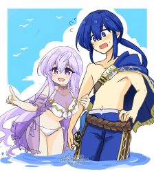  1boy alternate_costume bare_shoulders blue_eyes blue_hair breasts brother_and_sister circlet female fire_emblem fire_emblem:_genealogy_of_the_holy_war half-siblings implied_incest julia_(fire_emblem) long_hair open_mouth ponytail purple_eyes purple_hair seliph_(fire_emblem) siblings yukia_(firstaid0) 