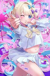  :3 absurdres blonde_hair blue_bow blue_eyes blue_hair blush bow bowtie chouzetsusaikawa_tenshi-chan female gradient_hair hairbow hand_up heart highres index_finger_raised looking_at_viewer medicine midriff multicolored_hair multiple_hair_bows navel needy_girl_overdose one_eye_closed open_mouth outline paint_splatter patterned_background pill pink_bow pink_hair pixel_heart pleated_skirt pointing pointing_at_viewer purple_bow quad_tails rainbow sailor_collar school_uniform serafuku signature skirt solo syringe toketa_neko white_outline white_sailor_collar white_serafuku white_skirt yellow_bow yellow_bowtie 