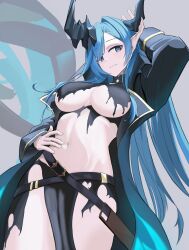  absurdres aqua_eyes arm_behind_head arm_up azur_lane black_coat blue_eyes blue_hair blue_horns breasts closed_mouth coat female hair_intakes highres horns large_breasts long_hair long_sleeves looking_at_viewer mary_celeste_(azur_lane) navel open_clothes open_coat pointy_ears revealing_clothes sinnas solo stomach torn_clothes 