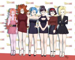  6+girls absurdres android android_18 android_21 arms_behind_back bare_shoulders black_eyes black_hair black_nails blonde_hair blue_eyes blue_hair blunt_bangs bob_cut breasts bulma_briefs chi-chi_(dragon_ball) chronoa cleavage cleavage_cutout clothing_cutout colored_skin copyright_name crossed_arms dragon_ball dragon_ball_fighterz dragon_ball_heroes dragon_ball_super earrings english_commentary formal full_body gold_circlet hair_bun hand_on_own_hip headband high_heels highres hoop_earrings jewelry kaioushin long_hair looking_at_viewer medium_breasts multiple_girls nail_polish orange_hair own_hands_together pink_hair pink_skin pointy_ears red_carpet red_headband red_nails red_shirt ring shirt short_hair signature somegfguy swept_bangs turtleneck v-neck very_long_hair videl waving yellow_eyes 