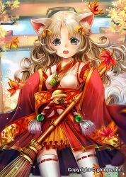  akari1205 animal_ear_fluff animal_ears autumn_leaves bamboo_broom bell blonde_hair broom brown_eyes copyright_notice copyright_request female highres horns japanese_clothes medium_hair miko official_art solo tail torii 