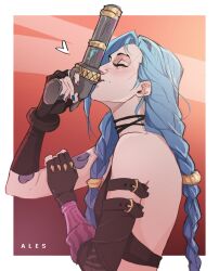  ales arcane:_league_of_legends arcane_jinx arm_tattoo artist_name asymmetrical_bangs backless_shirt bare_shoulders black_shirt blue_hair blue_nails border braid buckle choker closed_eyes cloud_tattoo crop_top female fingerless_gloves gatling_gun gloves gradient_background gun hand_on_own_arm heart highres holding holding_gun holding_weapon jinx_(league_of_legends) kissing_object league_of_legends long_hair minigun orange_background pink_nails shirt smile solo striped_clothes striped_gloves tattoo twin_braids upper_body weapon white_border 