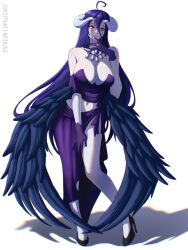  absurdres ahoge albedo_(overlord) alternate_costume bare_arms bare_legs bare_shoulders black_footwear black_hair black_wings breasts cleavage contrapposto demon_girl demon_horns dress feathered_wings female full_body gloves hair_between_eyes high_heels highres horns large_breasts long_hair looking_at_viewer low_wings midriff opalis overlord_(maruyama) purple_dress purple_gloves slit_pupils smile solo thick_thighs thighs white_background wings yellow_eyes 