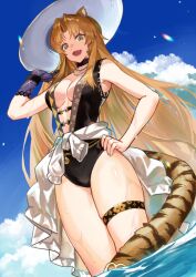  animal_ears arknights black_gloves black_one-piece_swimsuit blonde_hair blue_sky breasts center_opening clothes_around_waist cloud commentary female from_below gloves green_eyes hand_on_headwear hand_on_own_hip jacket jacket_around_waist jewelry long_hair looking_at_viewer looking_down medium_breasts necklace ocean oerba_yun_fang one-piece_swimsuit open_mouth outdoors pearl_necklace single_glove sky smile solo swimsuit swire_(arknights) tail thigh_strap thighs tiger_ears tiger_girl tiger_tail tsugu0302 very_long_hair wading wet white_hair white_jacket 