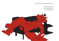  2024 anthro biped black_eyes canid canine canis english_text flower_pot fur furniture hi_res itooku itooku_(character) looking_at_viewer lying_on_sofa male mammal on_sofa red_body red_fur slim_anthro slim_male sofa solo talking_to_viewer text wolf 