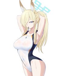  animal_ear_fluff animal_ears arms_behind_head blonde_hair blue_archive blue_eyes breasts competition_swimsuit covered_navel dog_ears dog_girl extra_ears female hair_over_one_eye highleg highleg_swimsuit highres kanna_(blue_archive) kanna_(swimsuit)_(blue_archive) large_breasts long_hair looking_at_viewer notched_ear one-piece_swimsuit ponytail rubber_band sharp_teeth simple_background solo sorachan swimsuit teeth valkyrie_police_academy_swimsuit white_background white_one-piece_swimsuit 