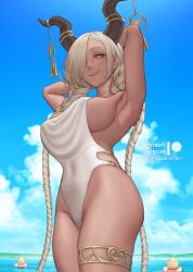  armpits arms_behind_head artist_name asymmetrical_bangs azur_lane blonde_hair blue_sky braid breasts cloud cloudy_sky covered_navel dark-skinned_female dark_skin english_commentary female hair_over_one_eye horn_ornament horns innertube large_breasts large_horns long_hair looking_at_viewer low_twin_braids manjuu_(azur_lane) mole mole_under_mouth mystra77 official_alternate_costume one-piece_swimsuit outdoors owari_(azur_lane) owari_(shimmering_forsythia)_(azur_lane) patreon_username sideboob sky smile solo swim_ring swimsuit thighlet thighs twin_braids very_long_hair water white_one-piece_swimsuit yellow_eyes 