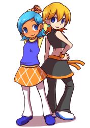  2girls arms_up black_pants black_shirt black_skirt blonde_hair blue_hair character_request crop_top earrings full_body hair_between_eyes hand_on_own_hip jewelry judy_(pop&#039;n_music) multiple_girls nollety orange_skirt orange_wristband pants pants_under_skirt pop&#039;n_music shadow shirt short_hair simple_background skirt smile white_background 