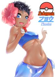  absurdres bandeau blue_bandeau breasts bro.you-yan character_name commentary_request dark-skinned_female dark_skin female flower groin hair_flower hair_ornament highres holding holding_poke_ball midriff navel open_mouth phoebe_(pokemon) poke_ball poke_ball_(basic) pokemon pokemon_rse short_hair side-tie_skirt small_breasts smile solo upper_body 