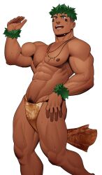  1boy abs armpit_hair armpit_hair_peek bara between_legs biceps bulge dark-skinned_male dark_skin facial_mark feet_out_of_frame green_hair groin hand_up highres kansuke_(kansuke_717) large_pectorals leaf_bracelet loincloth looking_ahead male_focus male_pubic_hair muscular muscular_male navel nipples original pectorals pelvic_curtain pubic_hair pubic_hair_peek short_hair shredded_muscles smile standing stomach sweat tribal undercut veins veiny_arms 