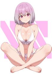  barefoot bikini breasts closed_mouth commentary_request female frilled_bikini frills gridman_universe highres indian_style kamidan large_breasts looking_at_viewer pink_hair shinjou_akane short_hair sitting smile ssss.gridman swimsuit toes white_background white_bikini 