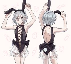  1boy animal_ears arms_up back bags_under_eyes black_bow black_choker black_eyes black_leotard bow center_opening choker crossdressing dungeon_meshi elf fake_animal_ears fake_tail front_and_back grey_hair highres lazy_eye leotard male_focus male_playboy_bunny mithrun multiple_scars multiple_views nontraditional_playboy_bunny notched_ear pointy_ears rabbit_ears rabbit_tail scar short_hair solo tail uneven_eyes wavy_hair yellow_background zo_na 