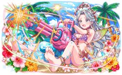  anklet armlet bare_arms bare_legs bare_shoulders barefoot beach beads bikini blue_sky bracelet breasts butterfly_ornament butterfly_wings cel_shading character_request cleavage crash_fever cross-laced_straps crying firing flower full_body game_cg grey_hair grey_tiara gun hair_intakes hibiscus holding holding_water_gun insect_wings jewelry light_rays long_hair machine_gun medium_breasts official_art on_ground open_mouth orange_flower outline palm_leaf palm_tree pink_flower purple_bikini red_flower red_outline sand saturated see-through_wings sitting sky solo sun sunbeam sunlight swimsuit tachi-e tears toes transparent_background tree underboob very_long_hair water_drop water_gun water_tank wavy_hair weapon wings yellow_flower 