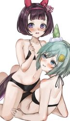  2girls absurdres animal_ears bikini black_bikini black_hair blue_eyes breasts ear_covers green_eyes highres horse_ears horse_girl horse_tail lying multiple_girls navel nishino_flower_(umamusume) purple_eyes seiun_sky_(umamusume) short_hair simple_background small_breasts straddling swimsuit tail umamusume white_background white_eyes_(20220506white) 