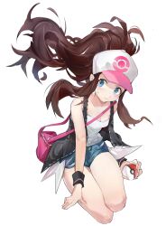  absurdres black_jacket blue_eyes blue_shorts breasts brown_hair chinese_commentary cleavage commentary_request facing_viewer female hat highres hilda_(pokemon) holding holding_poke_ball jacket looking_to_the_side open_clothes open_jacket pink_bag poke_ball pokemon pokemon_bw ponytail shirt shorts simple_background small_breasts solo sweatdrop whaleares19 white_background white_hat white_shirt wrist_cuffs 