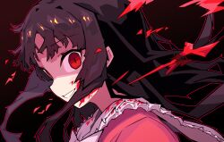  black_background black_hair blood blood_on_clothes blood_on_face blush bow bowtie cocokana collared_shirt commentary_request crazy_eyes female gradient_background grin highres houraisan_kaguya looking_at_viewer pink_shirt red_eyes ringed_eyes shirt sideways_glance simple_background slit_pupils smile solo touhou white_bow white_bowtie 