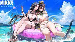  2girls absurdres asymmetrical_docking bikini black_bikini black_hair breast_press breasts goddess_of_victory:_nikke guilty_(nikke) hair_ornament hairclip highres huge_breasts large_breasts long_hair looking_at_viewer maiden_(nikke) maiden_(under_the_sun)_(nikke) multicolored_hair multiple_girls ocean official_alternate_costume outdoors pinkmill red_eyes smile split-color_hair swimsuit white_hair 