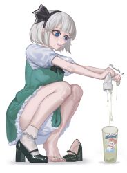  absurdres barefoot black_ribbon blue_eyes copyright_request cup drink female green_skirt green_vest high_heels highres konpaku_youmu mary_janes mixue nail_polish ribbon shirt shoes simple_background skirt squatting sweat sweatdrop tabi toenail_polish toenails touhou uniform vest white_background white_hair white_shirt yukiale 