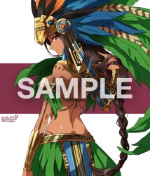  arai_nobu arm_tattoo armlet aztec belt bracelet braid breasts brown_hair brushing_hair civilization_(series) civilization_online commission dark-skinned_female dark_skin earrings feathers female from_behind headdress jewelry large_breasts long_hair looking_at_viewer looking_back metal_belt metal_bikini miahuaxihuitl_(civilization_online) shaded_face shoulder_tattoo skeb_commission solo tattoo watermark 