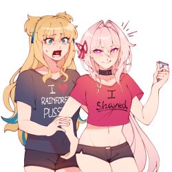  2girls :p absurdres black_gloves black_shirt black_shorts blonde_hair bow double_bun english_commentary english_text gloves hair_bun hairbow highres honkai_(series) honkai_impact_3rd multicolored_hair multiple_girls print_shirt razor red_shirt shirt shorts songque_(honkai_impact) streaked_hair surprised sweatdrop thelema_(honkai_impact) tongjimonci tongue tongue_out upper_body white_background white_hair wide-eyed yuri 