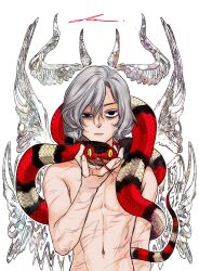  1boy animal arianna_327 bags_under_eyes black_eyes dungeon_meshi elf expressionless grey_hair highres holding holding_animal lazy_eye looking_at_viewer male_focus mithrun multiple_scars navel notched_ear pointy_ears scar short_hair snake snake_bondage snake_on_shoulder solo straight-on tail tail_wrap toned toned_male tongue tongue_out topless_male uneven_eyes upper_body wavy_hair white_background yellow_eyes 