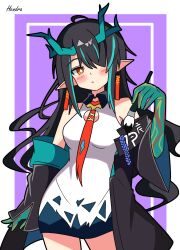  absurdres aqua_hair aqua_horns arknights arm_at_side artist_name bare_shoulders black_coat black_hair blush border bright_pupils calligraphy_brush cleavage_cutout closed_mouth clothing_cutout coat colored_extremities commentary contrapposto cowboy_shot dragon_girl dragon_horns dress dusk_(arknights) earrings female hair_over_one_eye hand_up hendra highres holding holding_calligraphy_brush holding_paintbrush horns jewelry long_hair looking_at_viewer multicolored_hair necktie off_shoulder one_eye_covered open_clothes open_coat orange_eyes outside_border paintbrush pointy_ears purple_background red_necktie short_dress signature simple_background sleeveless sleeveless_dress solo standing streaked_hair white_border white_dress white_pupils 