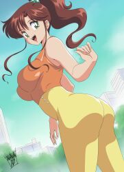  absurdres ass bare_shoulders bishoujo_senshi_sailor_moon breasts brown_hair commentary danmakuman earrings english_commentary green_eyes hair_ornament highres huge_ass huge_breasts jewelry kino_makoto large_breasts long_hair official_alternate_costume pants ponytail sideboob smile yellow_pants 