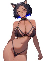  animal_ears black_bra black_hair black_panties blue_hair bra breasts camille_rhodes_(yan_kodiac) dark-skinned_female dark_skin female glasses highleg highleg_panties highres large_breasts looking_at_viewer multicolored_hair navel original panties short_hair simple_background solo two-tone_hair underwear white_background yan_kodiac yellow_eyes 