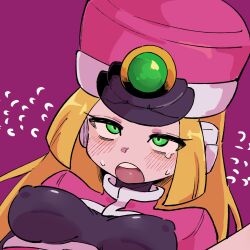  black_bodysuit blonde_hair blush bodysuit buzzlyears close-up coat covered_nipples cropped female green_eyes hat highres long_hair mega_man_(series) mega_man_zx open_mouth paid_reward_available pink_coat prairie_(mega_man) purple_background robot_ears rolling_eyes shako_cap simple_background teeth tongue upper_teeth_only 