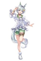  animal_ears arm_up blue_eyes commentary ear_covers female frilled_sleeves frills full_body green_shorts grey_hair horse_ears horse_girl horse_tail long_sleeves peperoncino-sama puffy_long_sleeves puffy_sleeves seiun_sky_(umamusume) short_hair shorts simple_background single_ear_cover smile solo tail umamusume white_background 