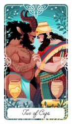  beard bottomwear bovid bovine bovine_ears card cattle clothed clothing container cup demigod duo enkidu_(mythology) european_mythology facial_hair feral gilgamesh gold_(metal) greek_mythology hand_holding heads_together hi_res horn humanoid intimate loincloth long_beard lowered_head male male/male mammal minotaur mythology nipples romantic romantic_couple tarot tarot_card topless two_of_cups_(tarot) yoshisquared 