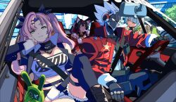  1boy 3girls anby_demara animal_ears bangboo_(zenless_zone_zero) belt billy_kid black_jacket blue_eyes breasts brown_hair car_interior cat_ears cleavage closed_eyes closed_mouth commentary_request cropped_shirt edoya_inuhachi food green_hair head_rest highres jacket large_breasts long_hair long_sleeves medium_hair multiple_girls navel nekomiya_mana nicole_demara o-ring o-ring_thigh_strap pants pink_hair red_jacket robot seatbelt single_thighhigh smile steering_wheel thigh_strap thighhighs torn_clothes torn_thighhighs zenless_zone_zero 