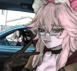  2boys angry animal_ear_fluff animal_ears ashiya_douman_(fate) black_choker black_eyes black_gloves black_hair breasts car car_interior choker cleavage closed_mouth constricted_pupils day earrings eyelashes fate/grand_order fate_(series) female fingernails forced_smile fox_ears fox_girl furrowed_brow glasses gloom_(expression) gloves green_nails half-closed_eyes hand_up highres jewelry koyanskaya_(assassin)_(first_ascension)_(fate) koyanskaya_(fate) long_fingernails long_hair looking_at_another looking_at_viewer magatama magatama_earrings middle_finger motor_vehicle multicolored_hair multiple_boys oerba_yun_fang open_window parody photo-referenced pink_hair pursed_lips rasputin_(fate) red_lips smug sorry4u999 split-color_hair steering_wheel tamamo_(fate) thick_eyebrows v white_hair wide-eyed window yellow_eyes 