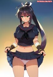  ahoge armor black_hair black_serafuku black_skirt blue_background breasts clothes_lift curvy dark-skinned_female dark_skin female gradient_background green_eyes grin hair_ribbon hebijo_academy_uniform high_ponytail highres hiita_(hitta_99) homura_(senran_kagura) japanese_armor kote kurokote large_breasts lens_flare lifting_own_clothes long_hair miniskirt navel panties pink_panties pleated_skirt ponytail ribbon school_uniform senran_kagura serafuku skirt skirt_lift smile solo tan teeth thighs underwear very_long_hair white_ribbon yellow_background 