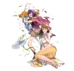  2girls bernadetta_von_varley bernadetta_von_varley_(summer) braid breasts brown_hair cleavage cuboon fire_emblem fire_emblem:_three_houses fire_emblem_engage fire_emblem_heroes full_body goldmary_(fire_emblem) goldmary_(summer)_(fire_emblem) grey_eyes hair_ribbon large_breasts long_hair multiple_girls official_alternate_costume official_art purple_hair ribbon short_hair simple_background third-party_source white_background white_ribbon yellow_eyes 