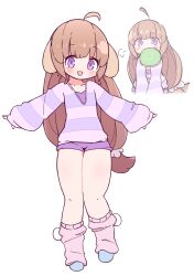  ahoge animal_ears blush brown_hair dog_ears female frisbee full_body highres humanization kiosk_(artist) long_hair long_sleeves looking_at_viewer mouth_hold open_mouth outstretched_arms pink_leg_warmers pochiko_(pop&#039;n_music) pop&#039;n_music purple_eyes purple_shirt purple_shorts shirt shorts simple_background spread_arms striped_clothes striped_shirt undershirt very_long_hair white_background 