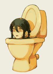  black_hair blupixl braid braided_ponytail chainsaw_man empty_eyes female hair_between_eyes highres long_hair nayuta_(chainsaw_man) open_mouth parody ringed_eyes sidelocks simple_background skibidi_toilet_(series) solo toilet white_background yellow_theme 