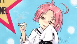  :3 ahoge chiniku commentary_request drugs female head_tilt highres holding kogami_akira looking_to_the_side lucky_star marijuana open_mouth pink_hair sailor_collar short_hair sleeves_past_fingers sleeves_past_wrists smile smoke smoking stoned upper_body 